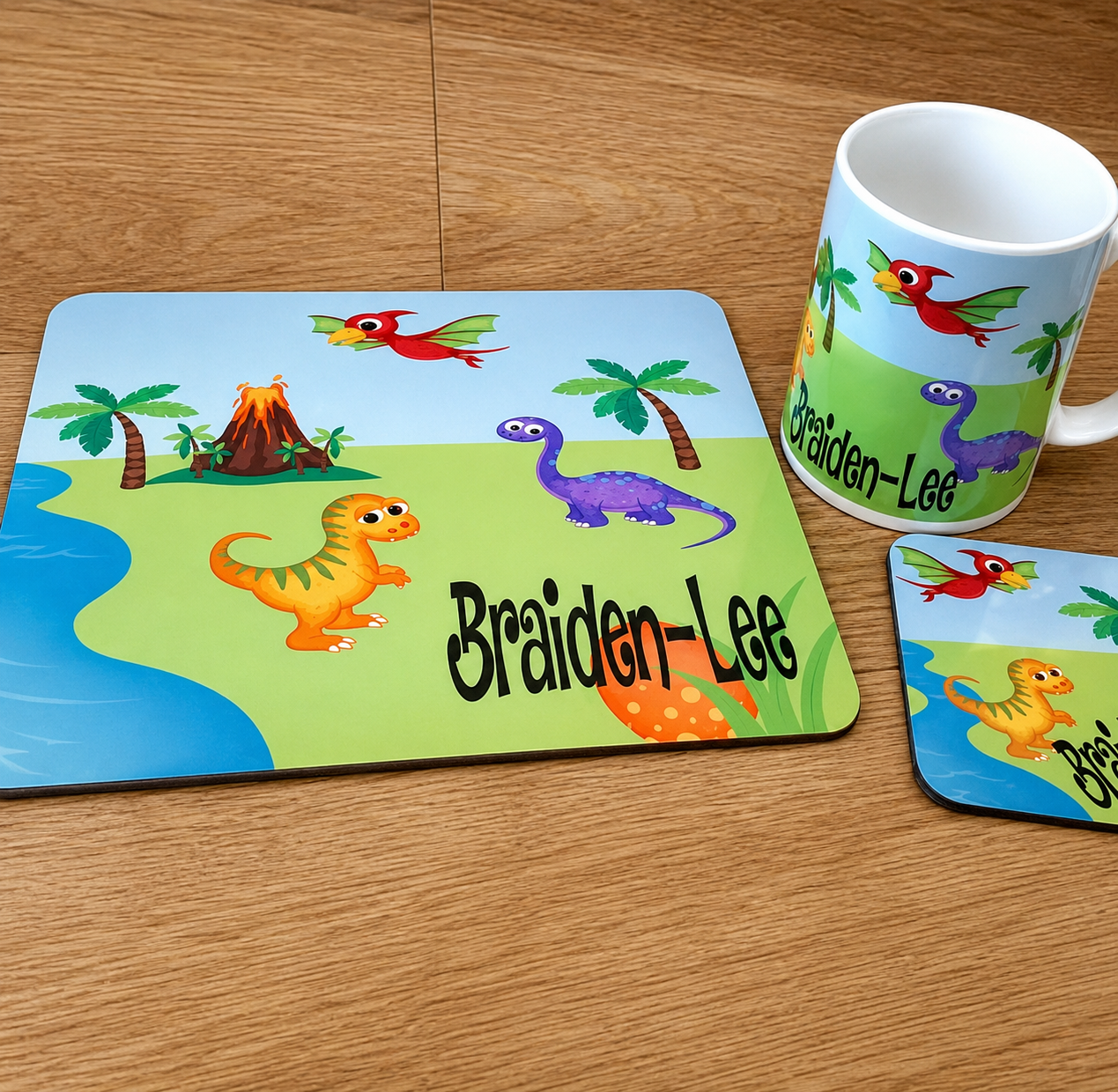 Personalised Dinosaur Placemat, Coaster & Mug Gift Set – £14.00